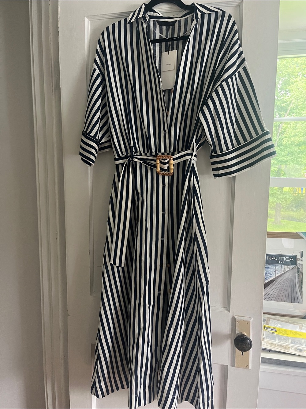 Zara NWT Linen Striped Midi Shirt Dress Size S - Picture 4 of 8